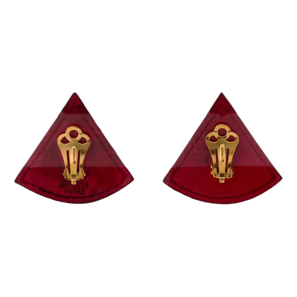 Hermès Red Calf Leather Triangle Clip-On Earrings 18K Gold-Plated Made in France - Picture 3 of 4